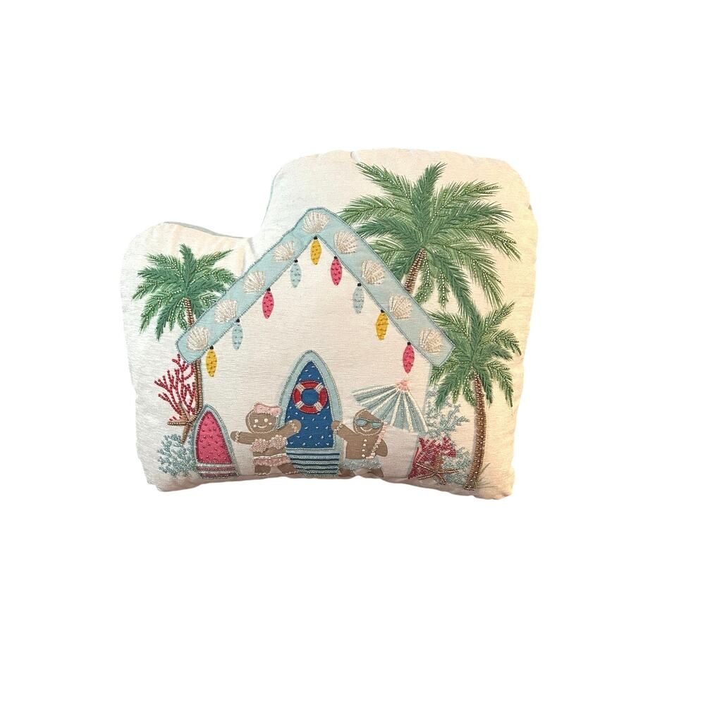 Christmas Gingerbread Men at the Beach Decorative Pillow 19” X 19” Beading